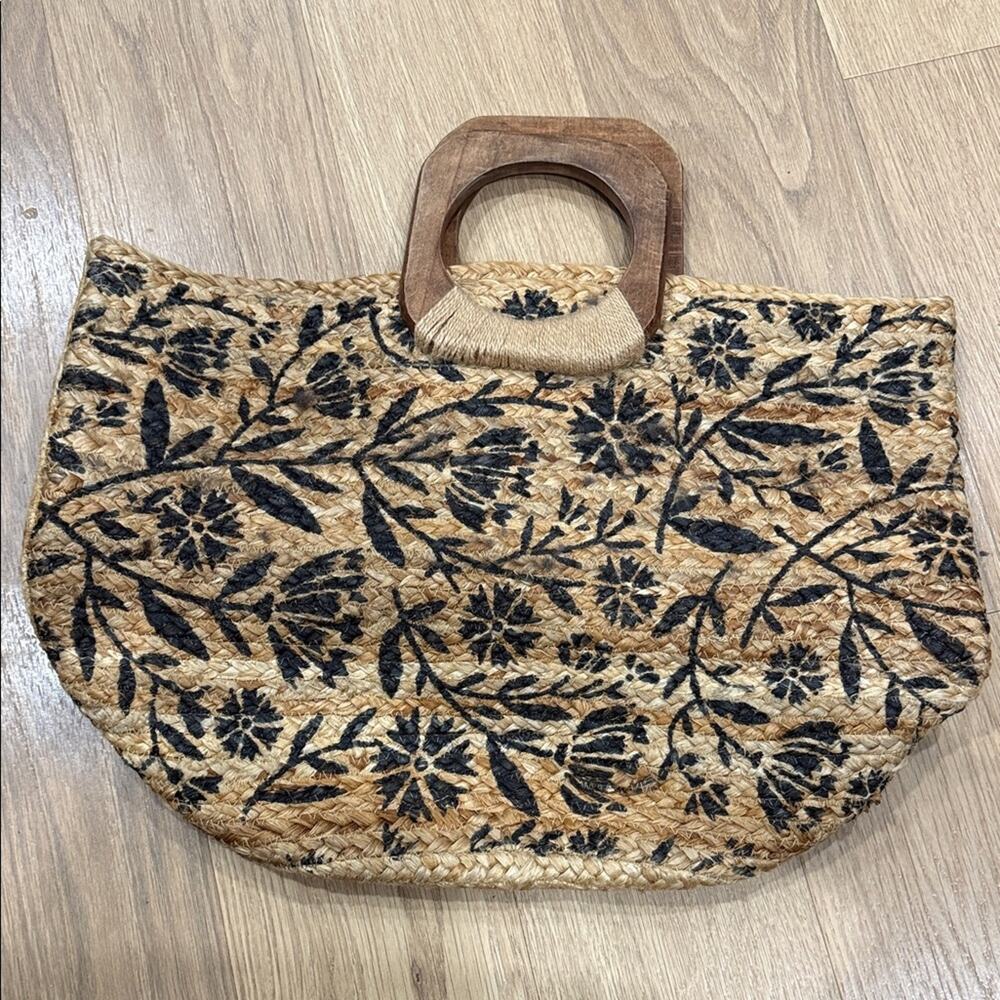 Antik Kraft Jute Floral Tote Bag with Wooden Handles